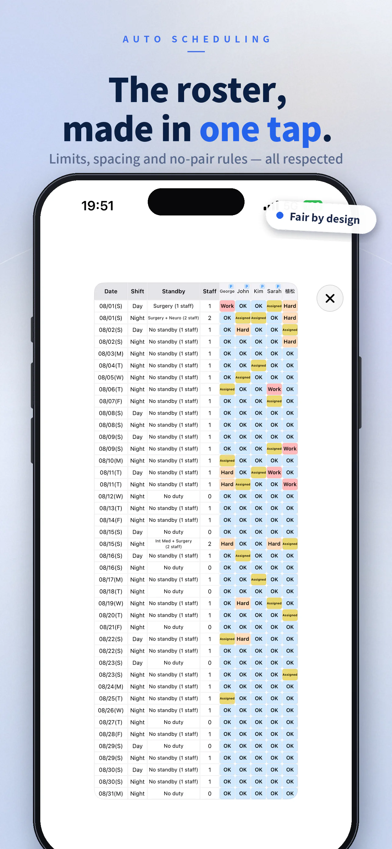 OnCall Generator app showcase with a completed monthly on-call roster and the message “The roster, made in one tap.”