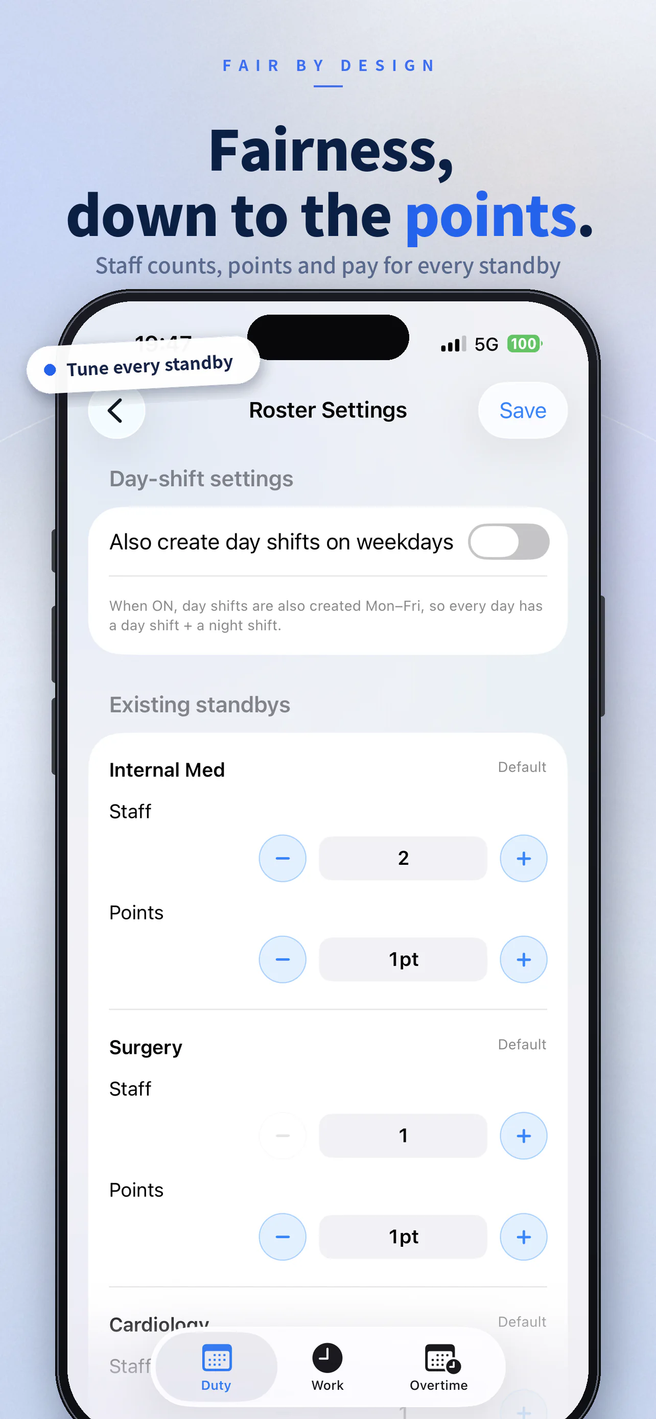 English app showcase of fairness settings and participant totals for assignments, points, and pay