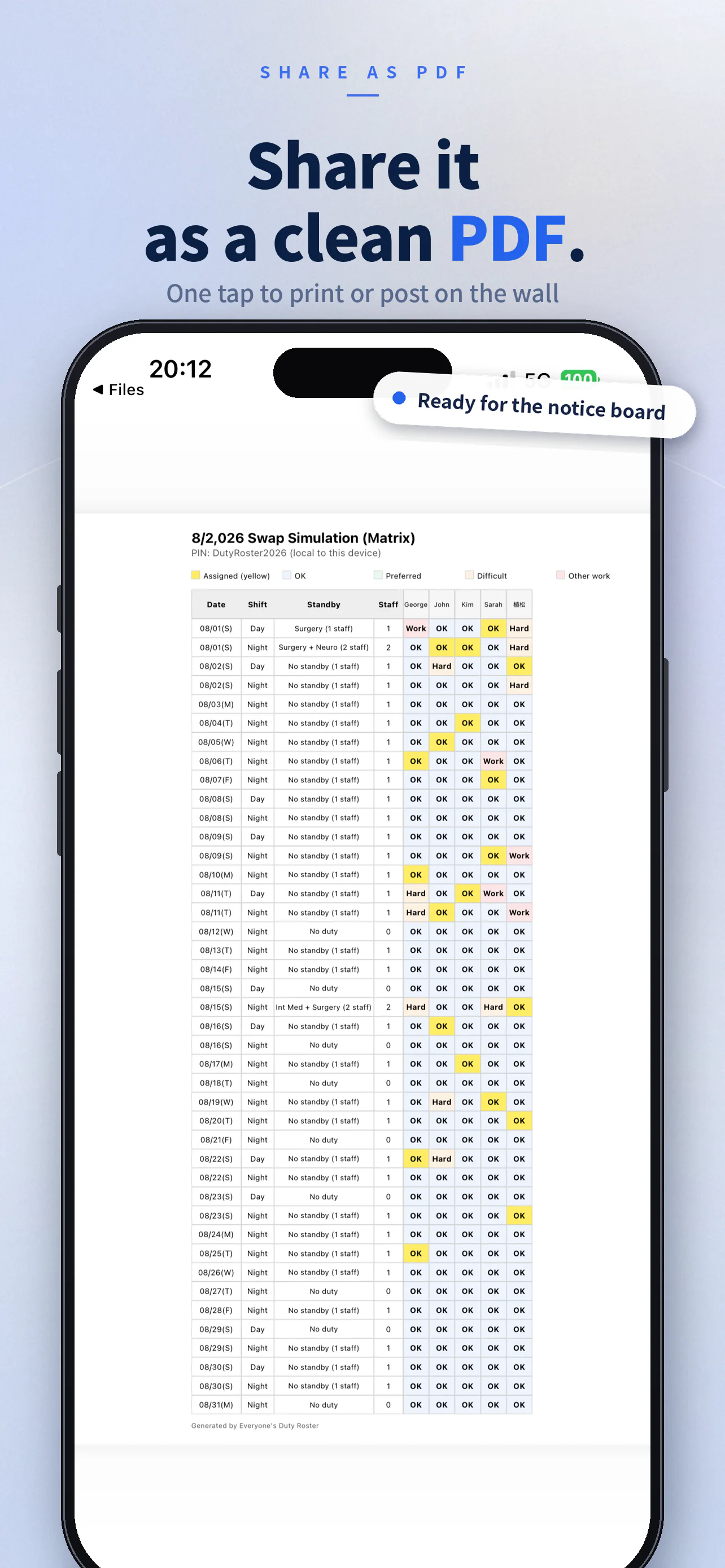 English app showcase of a monthly on-call roster exported as a clean PDF