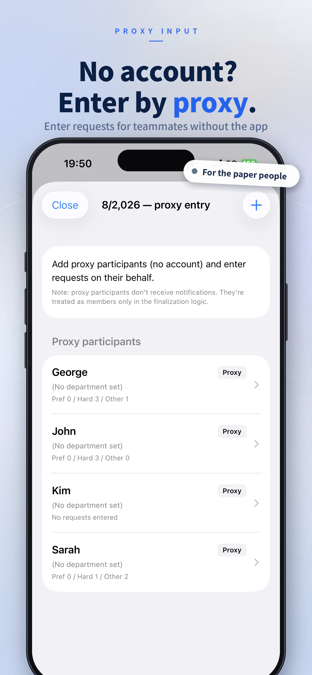 English app showcase showing proxy entry for a participant without an account