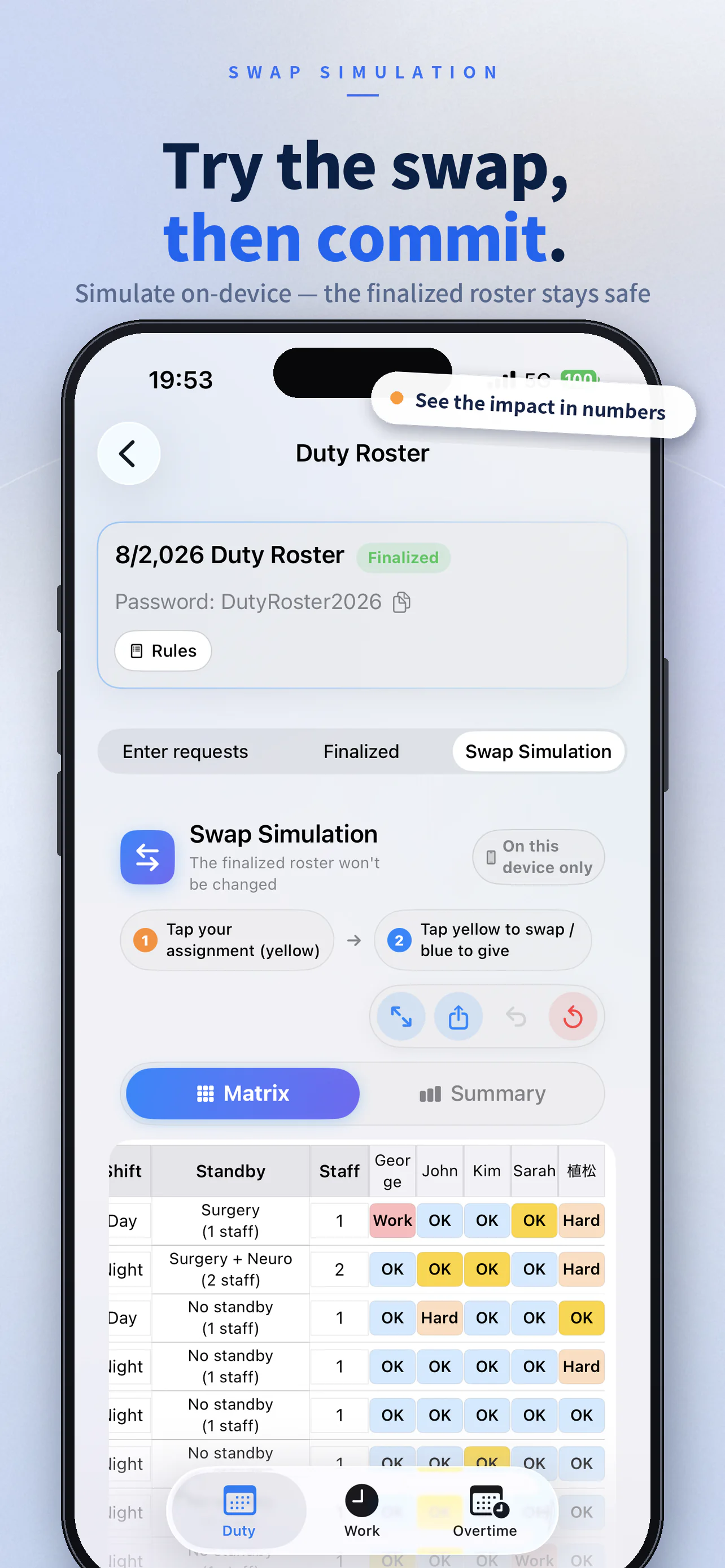 English app showcase of a roster swap simulation before changes are committed